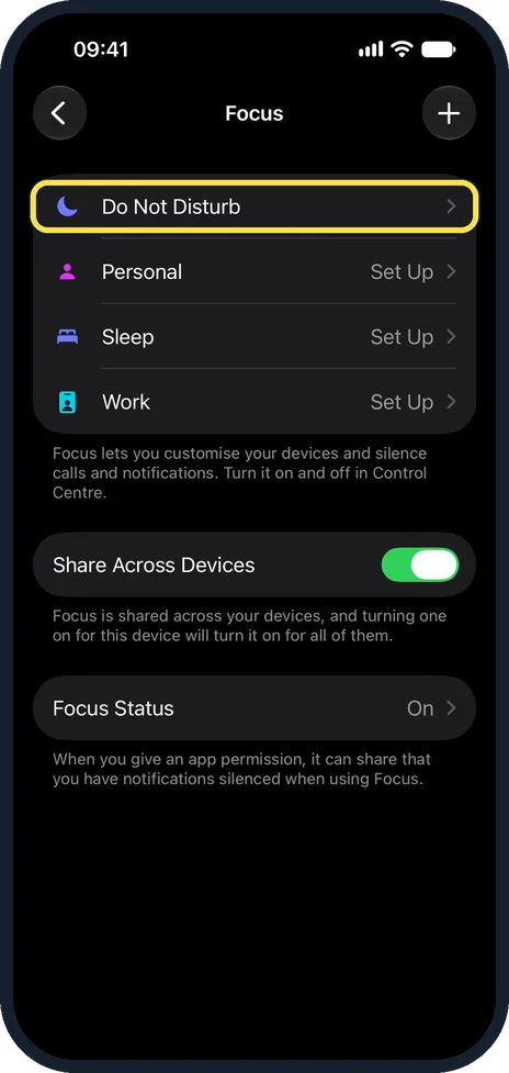 iPhone screen: Open the Do Not Disturb settings