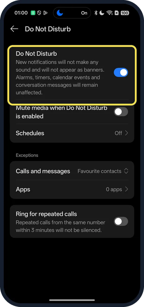 Android screenshot: Turn on Do Not Disturb