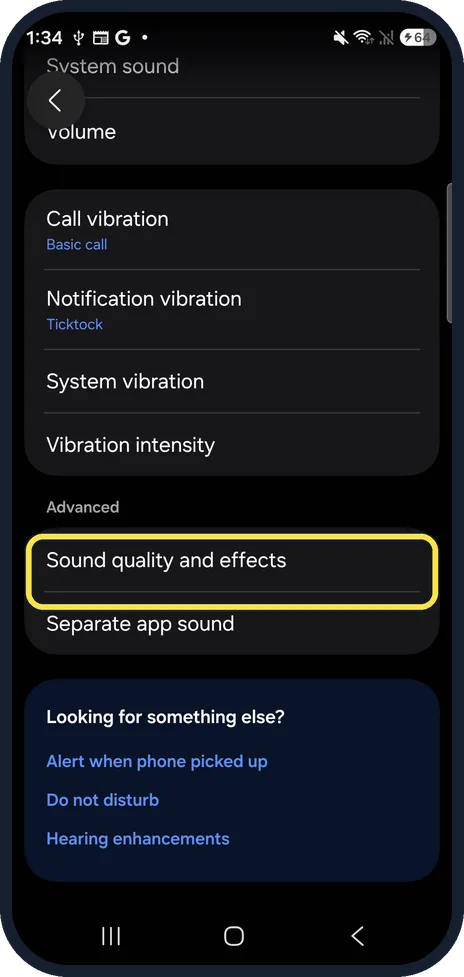 Android screenshot: Open Sound quality and effects
