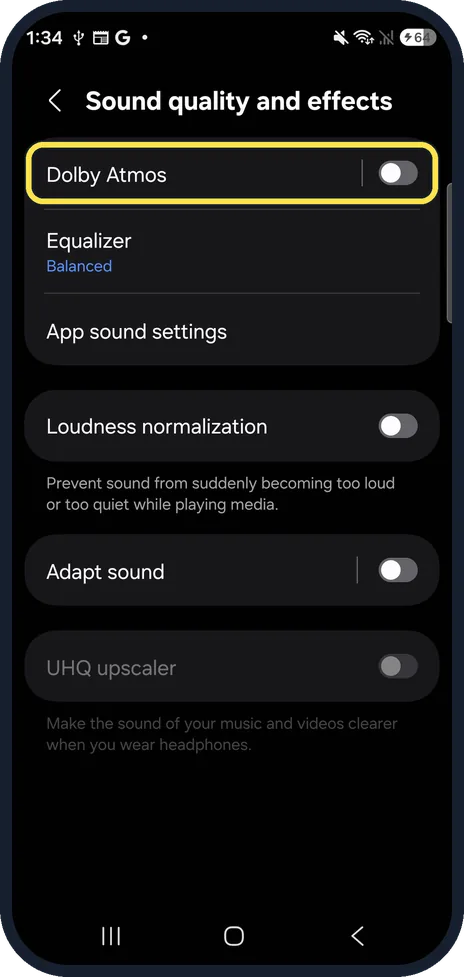 Android screenshot: Tap Dolby Atmos