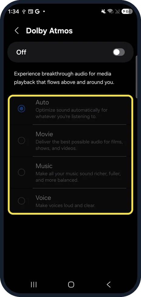Android screenshot: Turn it on and pick a mode