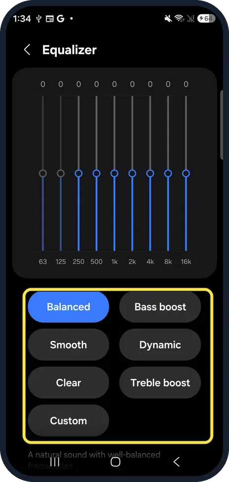 Android screenshot: Pick an equaliser preset