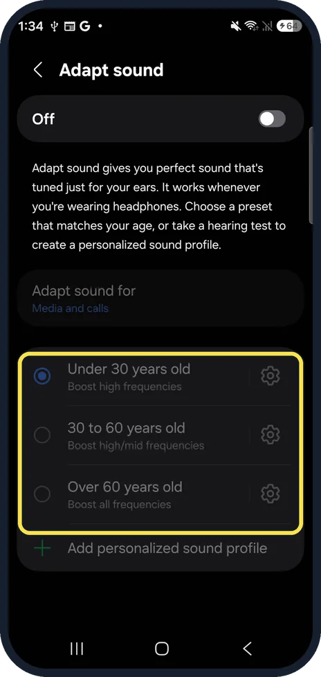 Android screenshot: Use Adapt sound for headphones