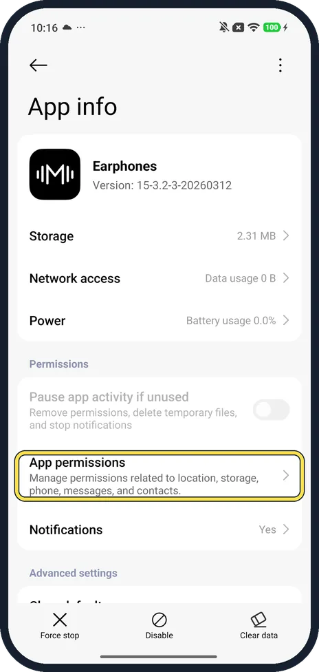 Android screenshot: Tap App permissions