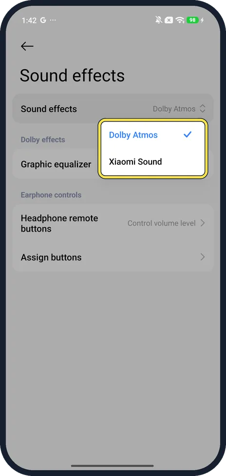 Android screenshot: Choose Dolby Atmos