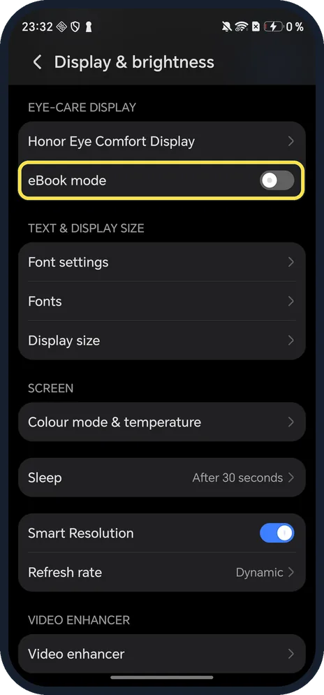 Android screenshot: Turn on eBook mode