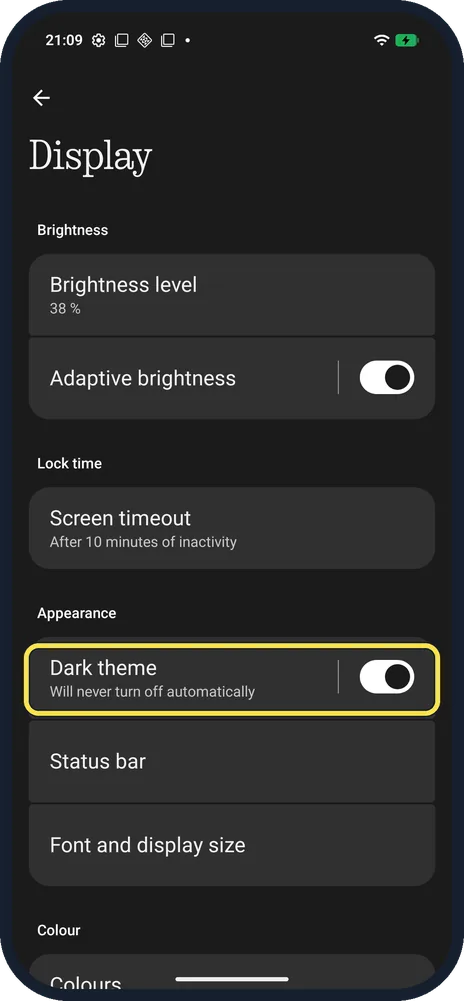 Android screenshot: Tap Dark theme