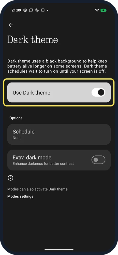 Android screenshot: Turn on Use Dark theme