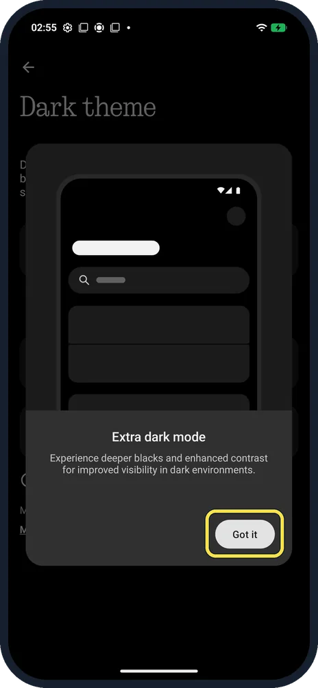 Android screenshot: Turn on Extra dark mode, then tap Got it
