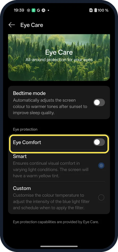 Android screenshot: Turn on Eye Comfort