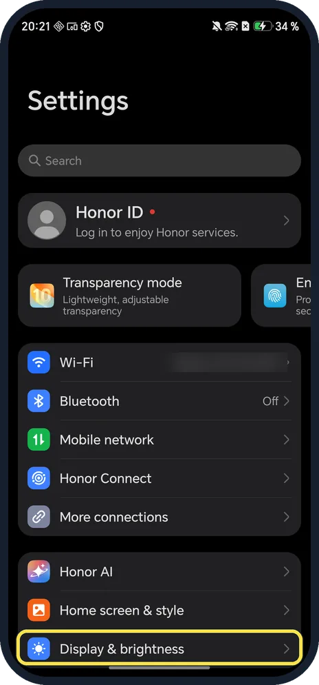 Android screenshot: Open Display & brightness
