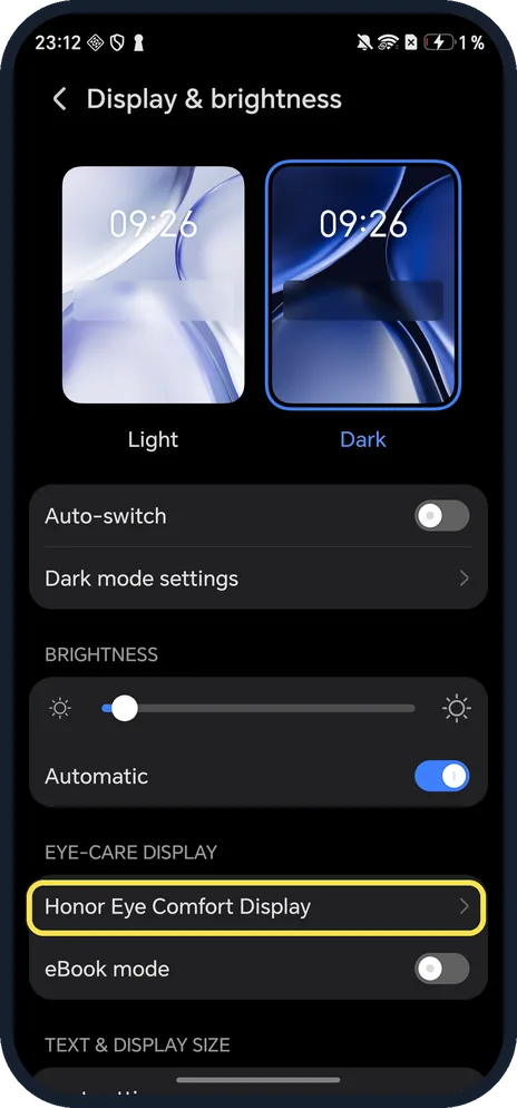 Android screenshot: Tap Honor Eye Comfort Display