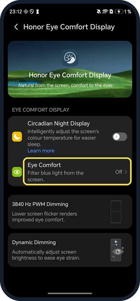 Android screenshot: Tap Eye Comfort
