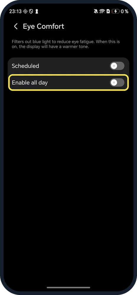 Android screenshot: Turn on Enable all day
