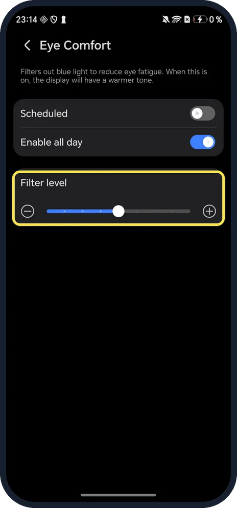 Android screenshot: Set the Filter level