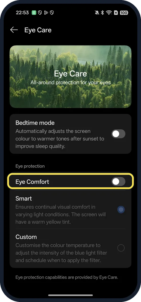Android screenshot: Turn on Eye Comfort