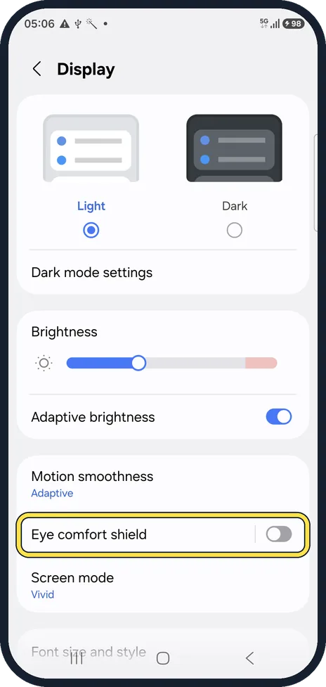 Android screenshot: Open Eye comfort shield