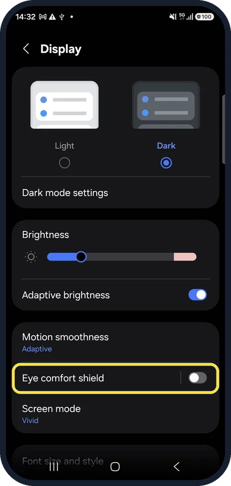 Android screenshot: Open Display settings