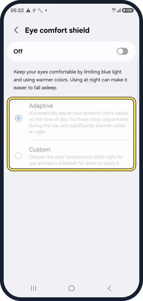 Android screenshot: Choose Adaptive or Custom