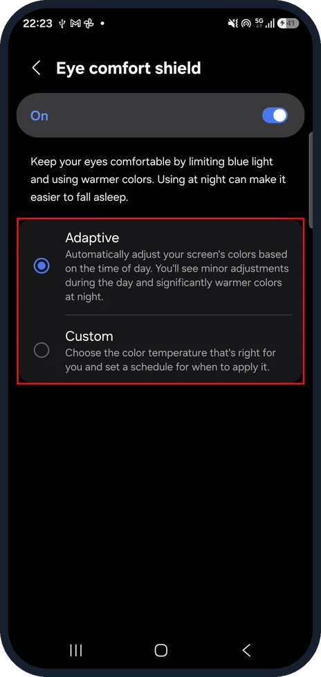 Android screenshot: Choose Adaptive or Custom