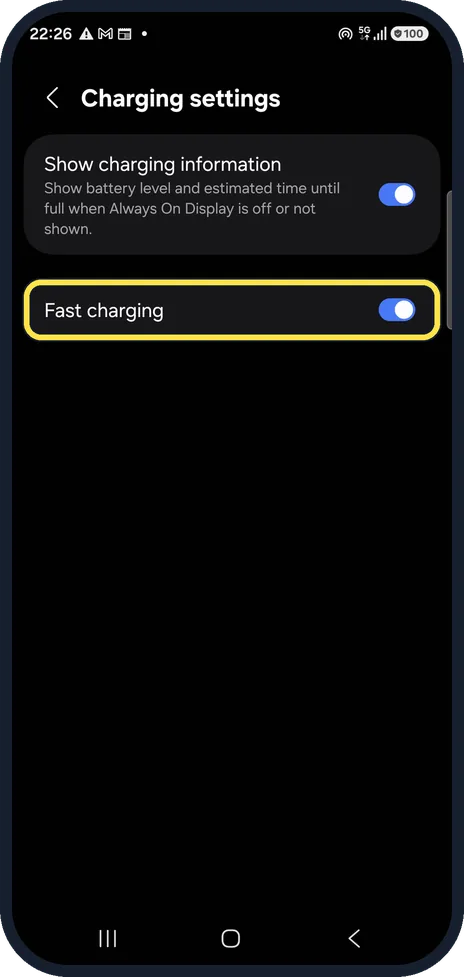 Android screenshot: Turn on Fast charging