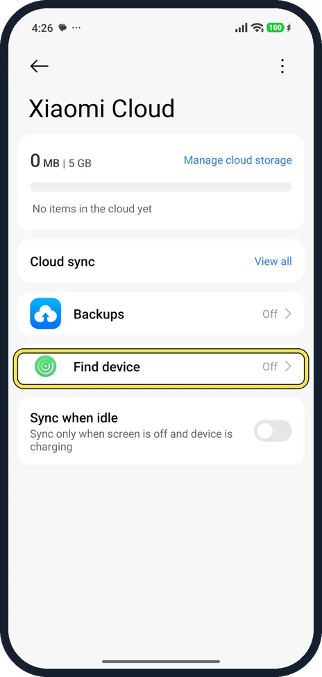 Android screenshot: Tap Find device
