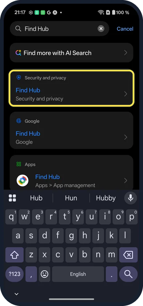 Android screenshot: Search Find Hub