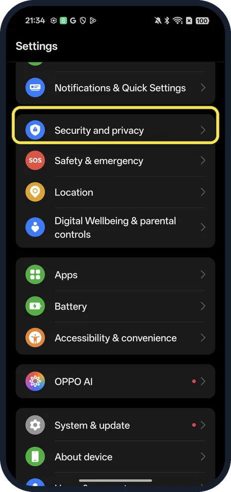 Screenshot from the guide: How to turn on Find Hub on an OPPO phone (ColorOS 16)