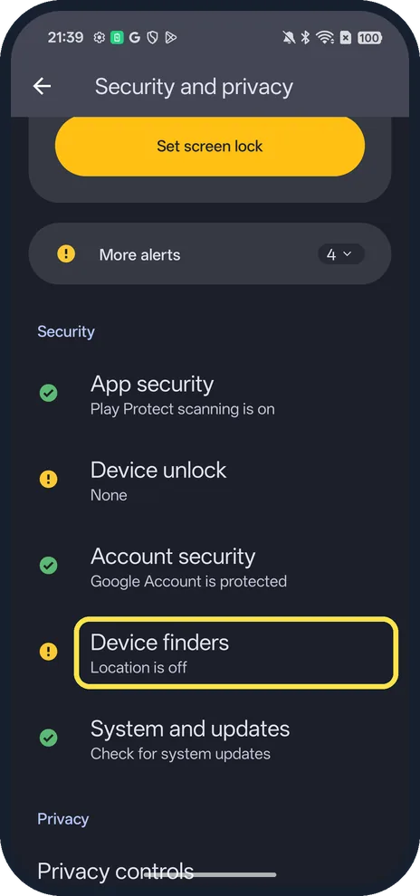 Android screenshot: Tap Device finders