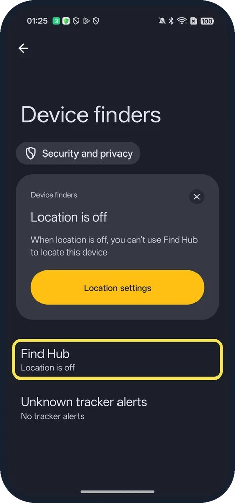 Android screenshot: Tap Find Hub