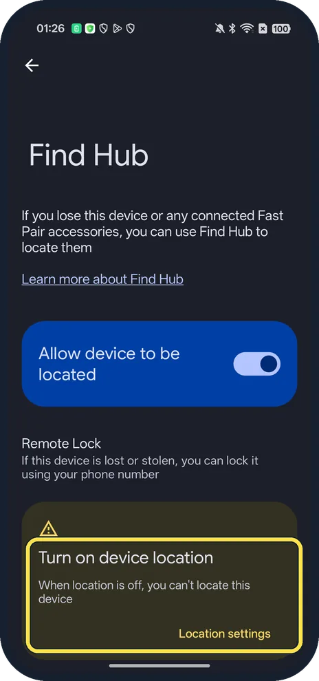 Android screenshot: Turn on device location