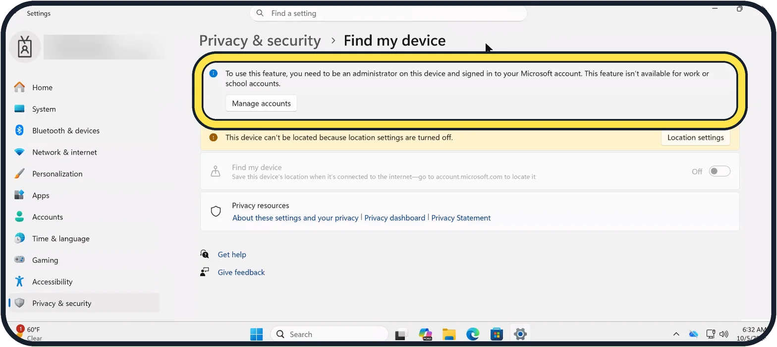 Screenshot from the guide: How to turn on Find my device on Windows 11