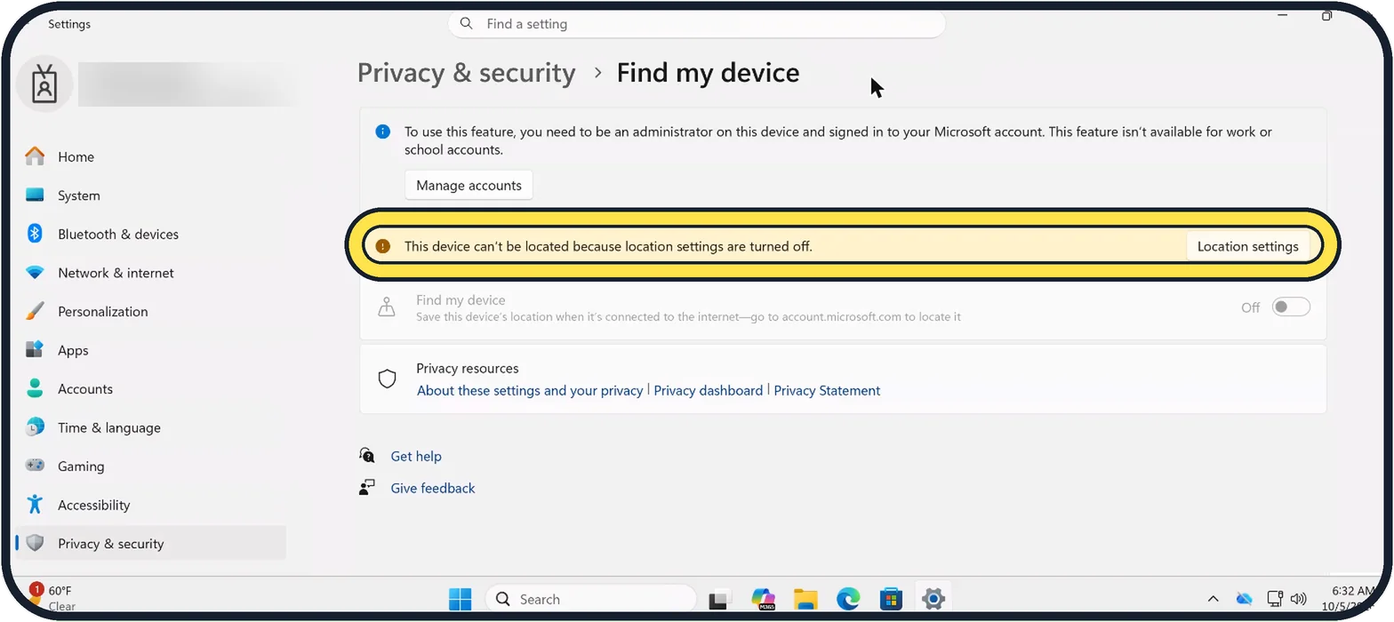 Windows screenshot: Turn on location services