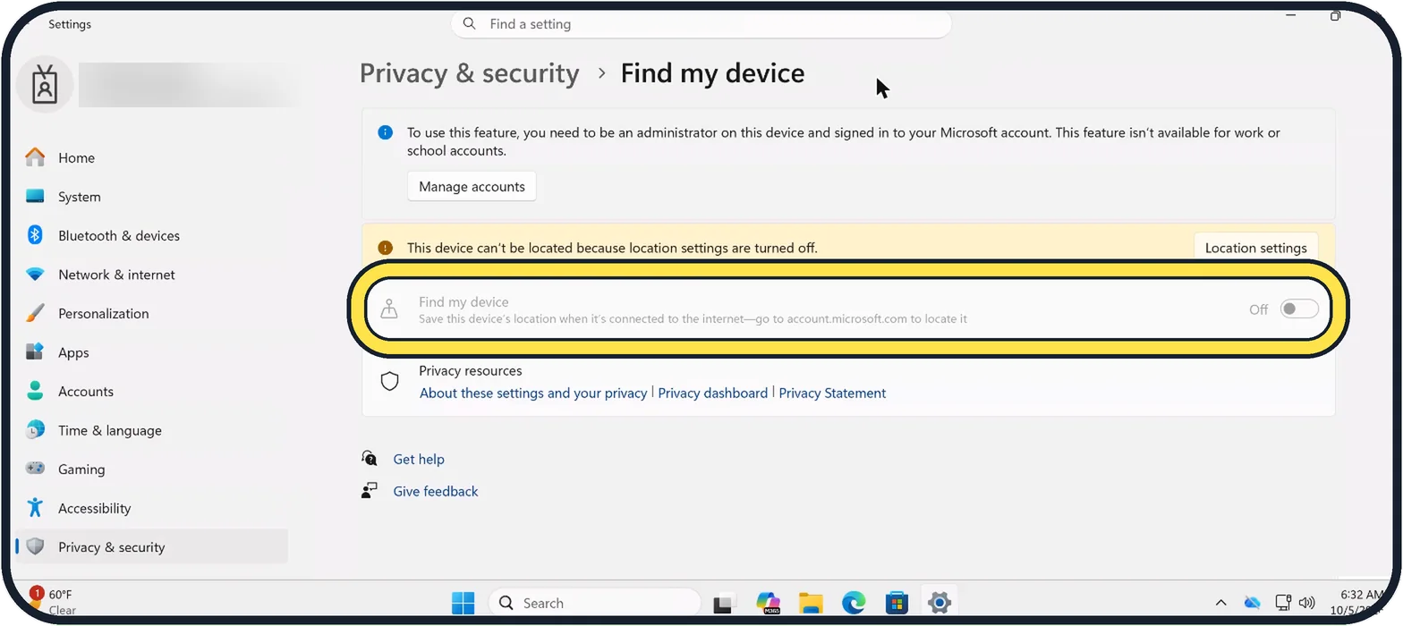 Windows screenshot: Turn on Find my device