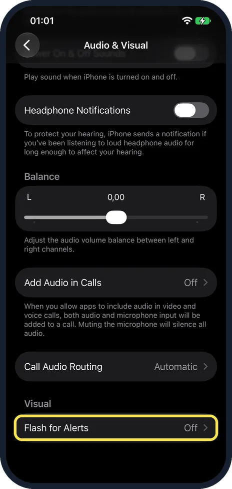 iPhone screen: Tap Flash for Alerts
