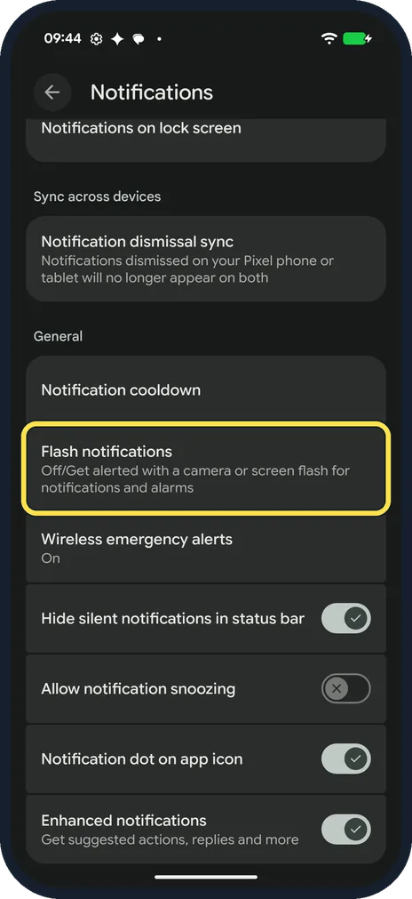 Android screenshot: Tap Flash notifications