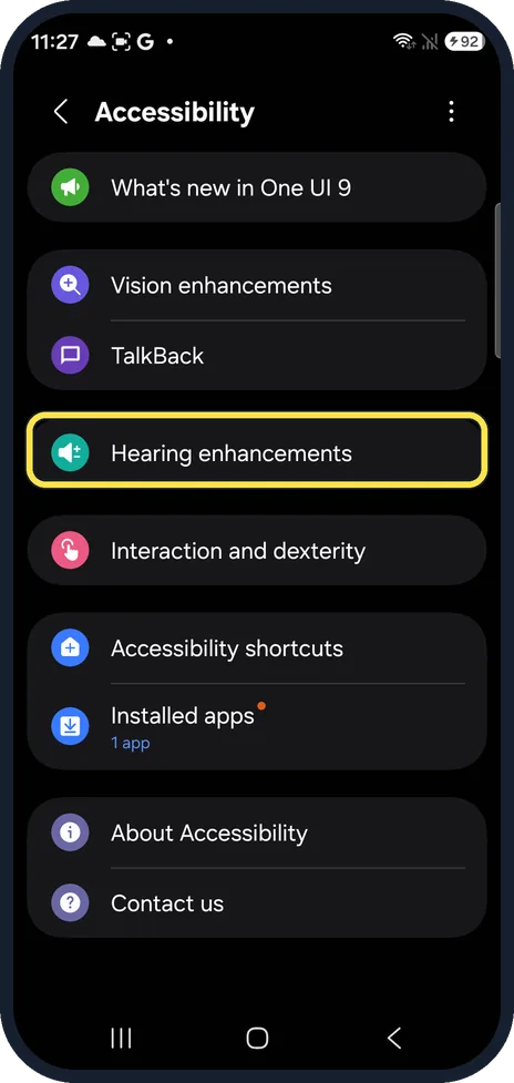 Android screenshot: Open Hearing enhancements