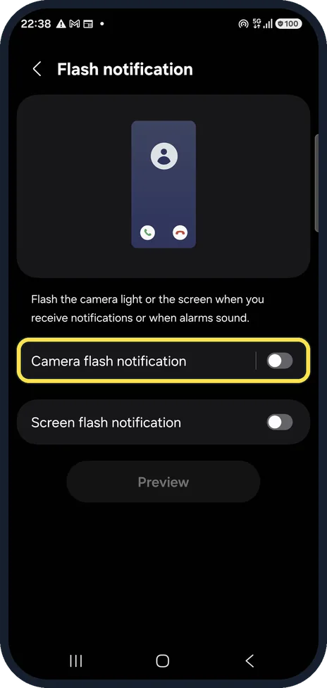 Android screenshot: Camera flash