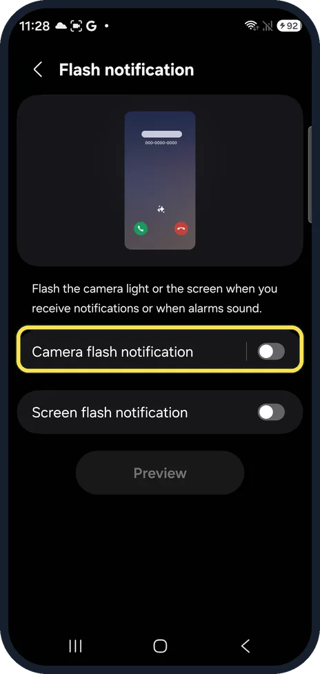 Android screenshot: Camera flash
