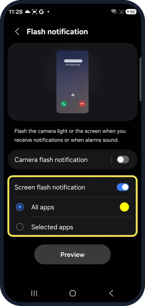 Android screenshot: Screen flash