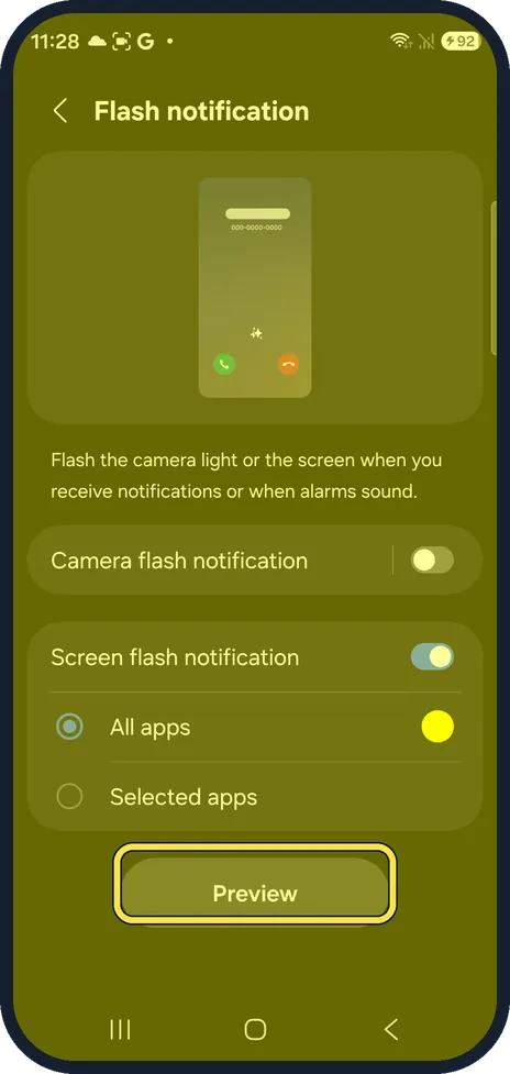 Android screenshot: Tap Preview
