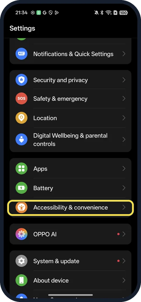 Screenshot from the guide: How to turn on Gloves mode on an OPPO phone (ColorOS 16)