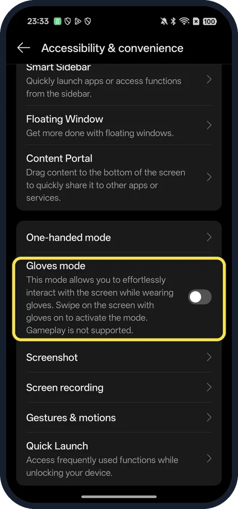 Android screenshot: Find Gloves mode