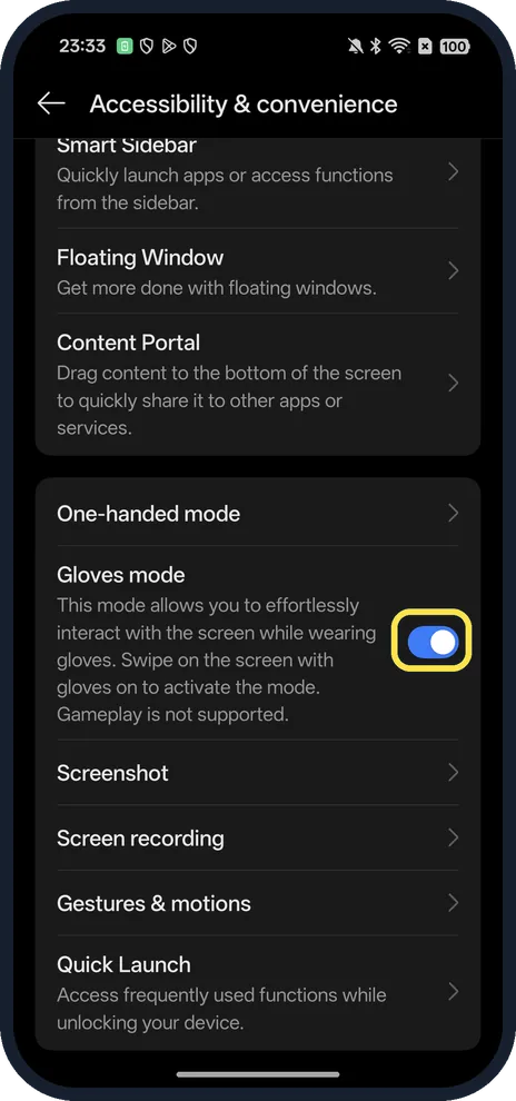 Android screenshot: Turn on Gloves mode
