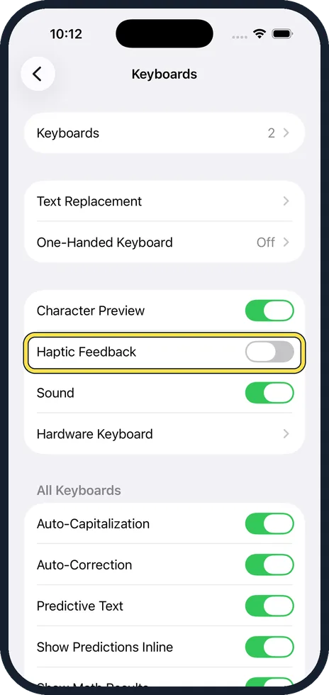 iPhone screen: Switch on Haptic Feedback