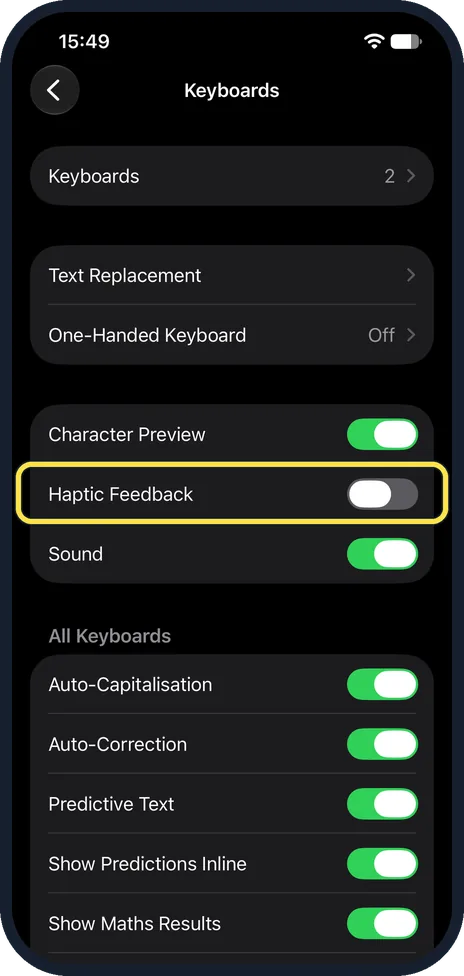 iPhone screen: Switch on Haptic Feedback