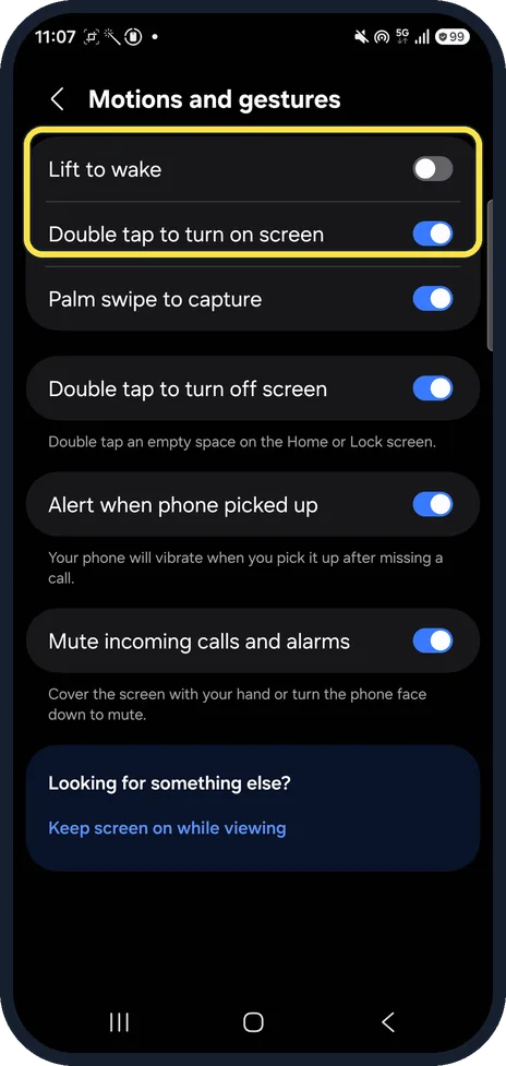 Android screenshot: Turn on the wake gestures