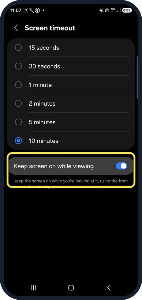 Android screenshot: Keep the screen on while you look at it