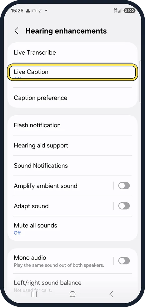 Android screenshot: Tap Live Caption