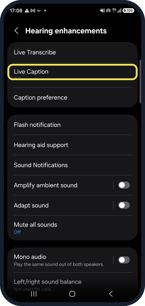 Android screenshot: Tap Live Caption